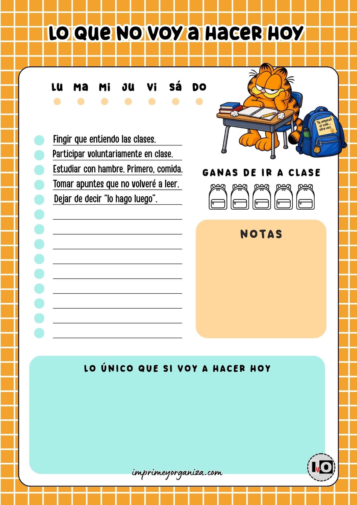 Planificador Diario Garfield Pereza Estudiantes