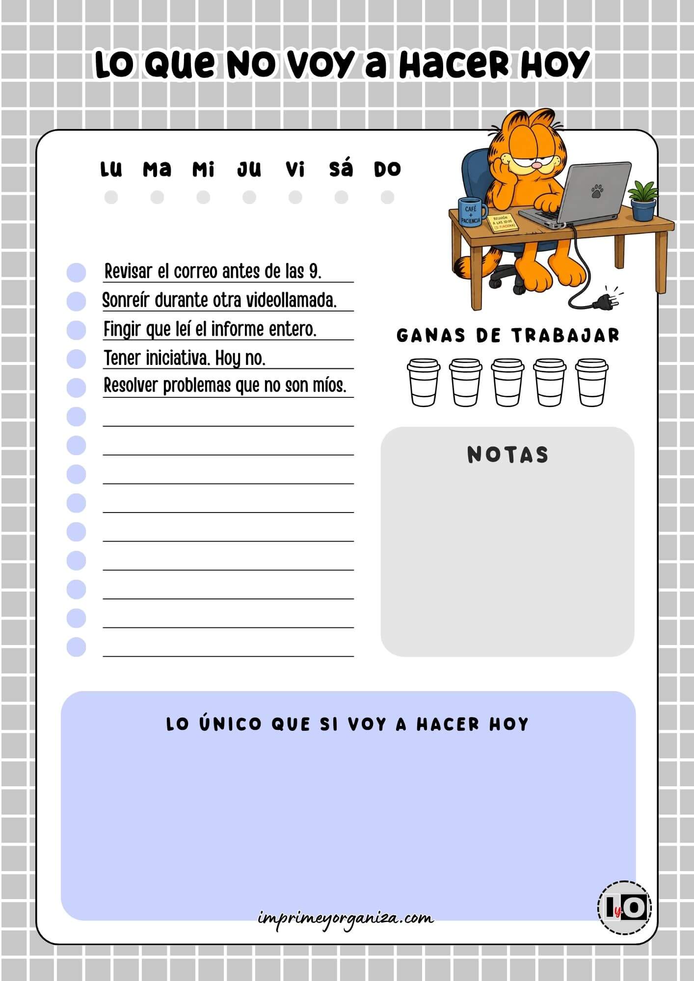 Planificador Diario Garfield Pereza Trabajo Gris