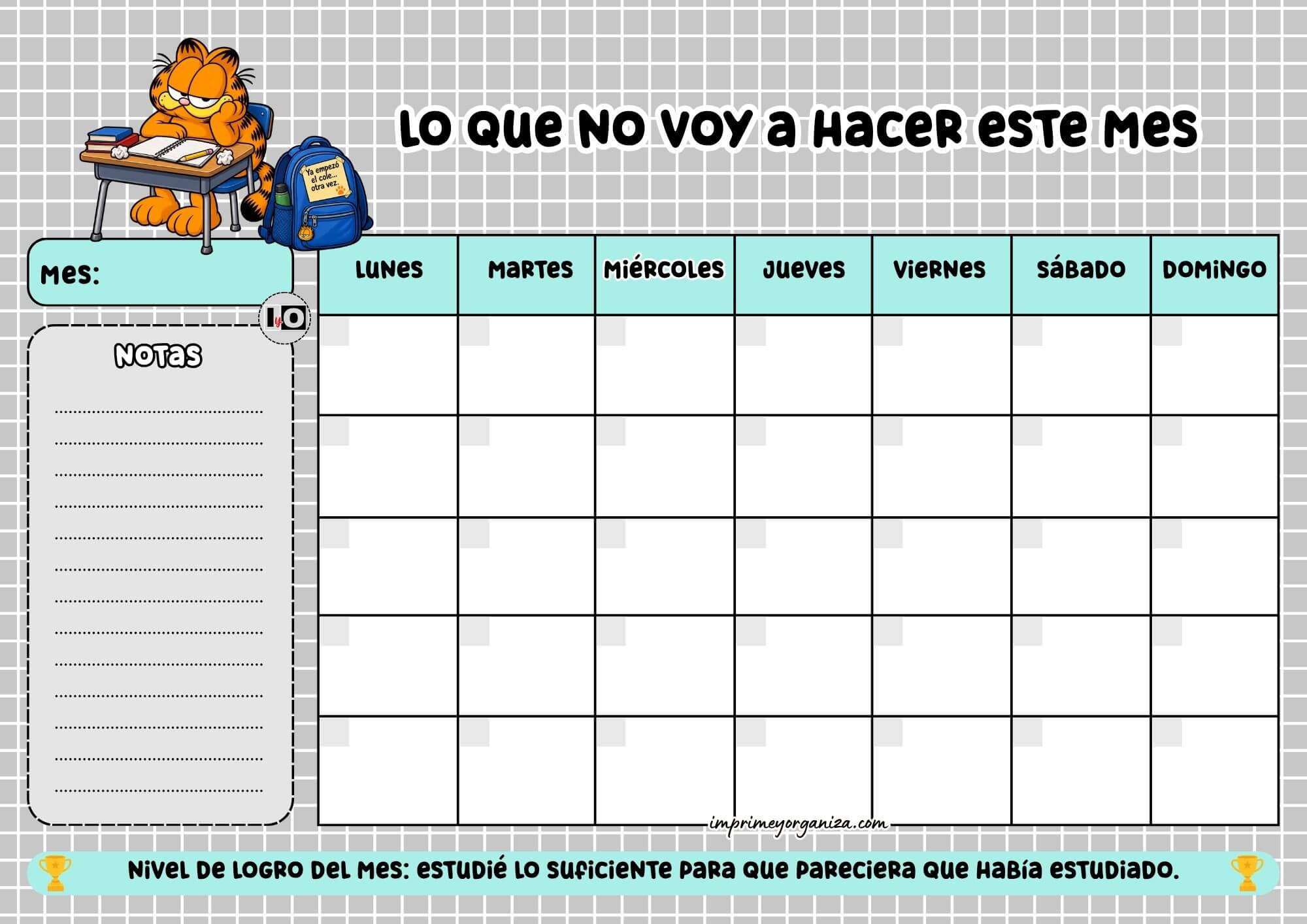 Planificador Mensual Pereza Estudiantes Gris