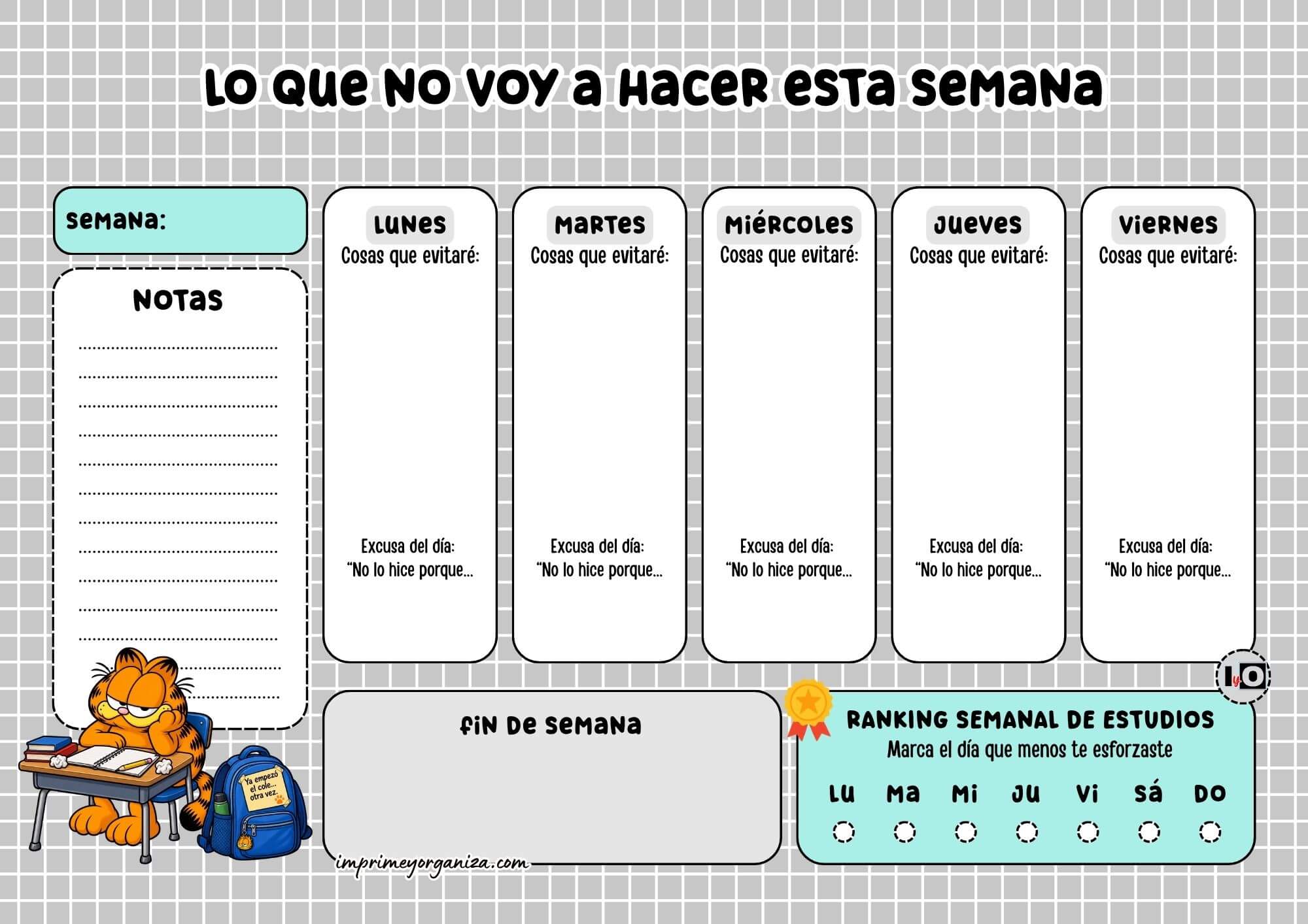 Planificador Semanal Pereza Estudiantes Gris