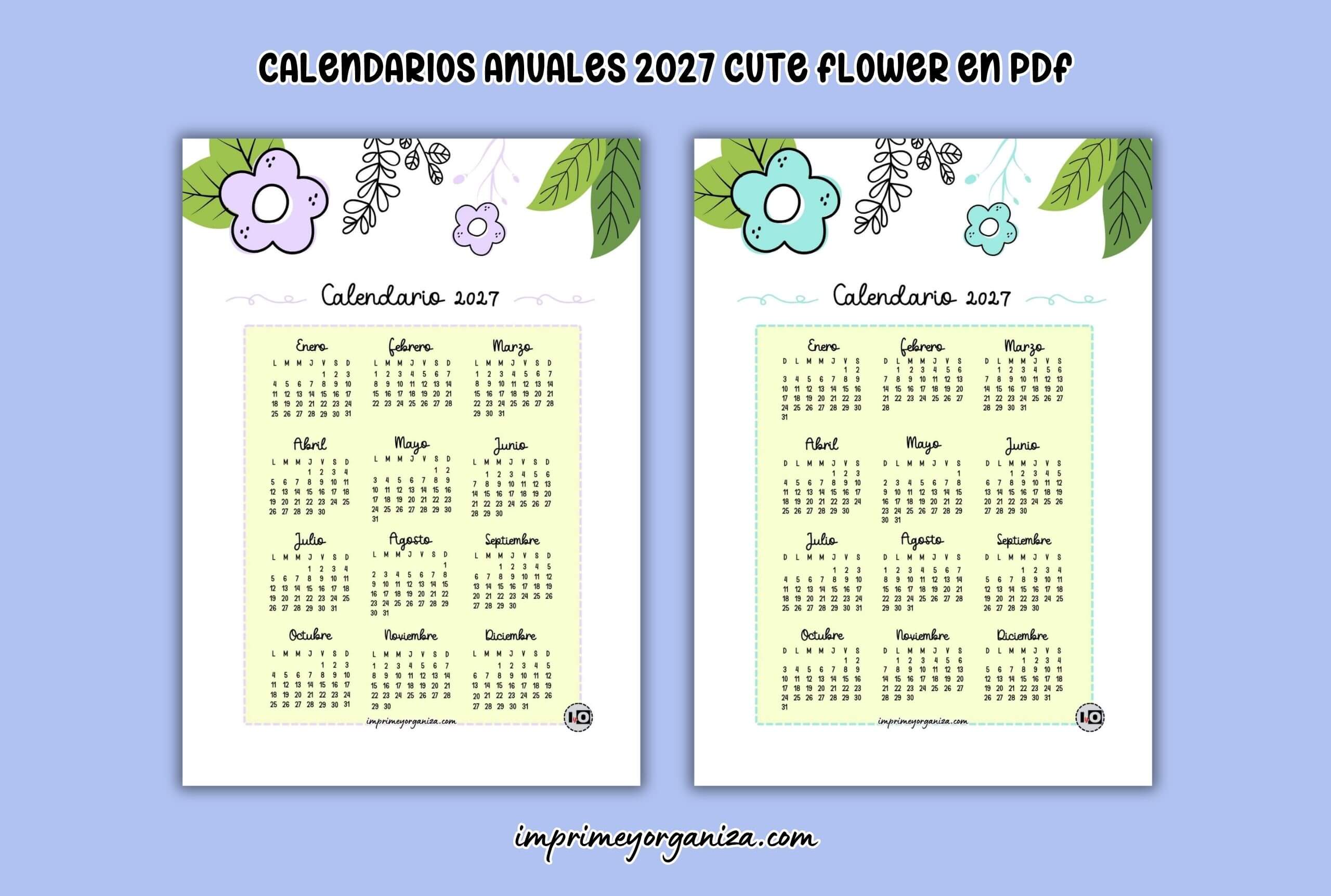 calendarios anuales 2027 cute flower para imprimir en PDF gratis