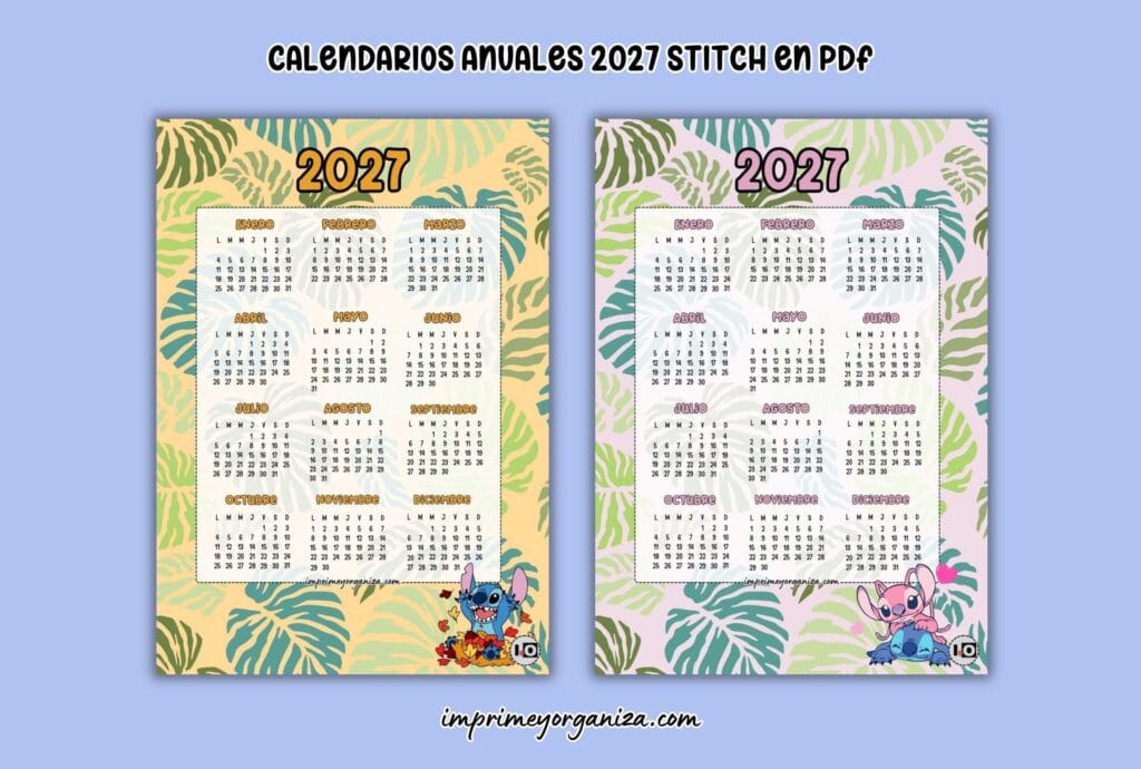 calendarios anuales 2027 de Stitch para imprimir en PDF gratis