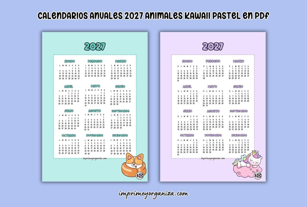 calendarios anuales de 2027 de tiernos animales kawaii para imprimir en PDF gratis