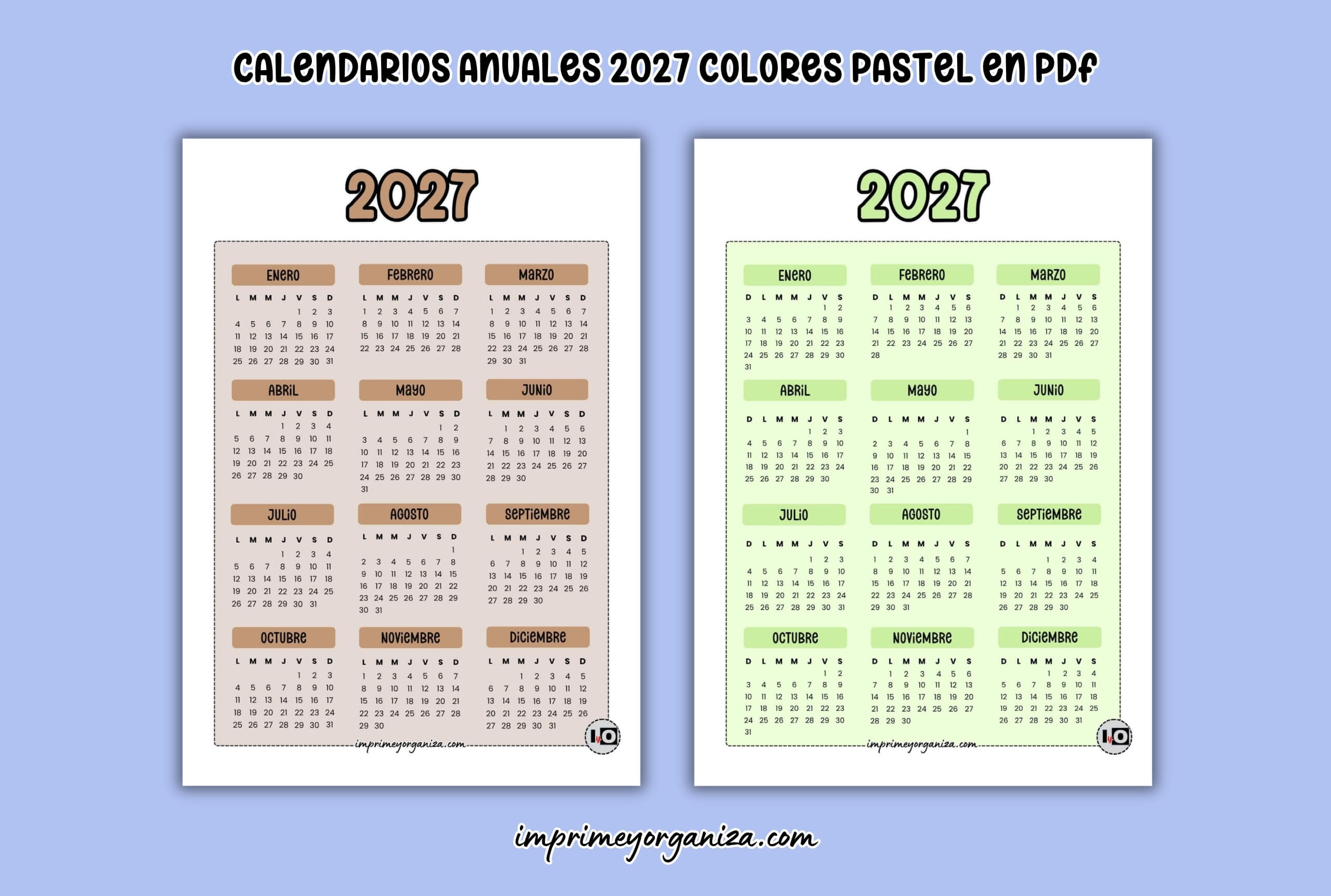 calendarios anuales de 2027 en colores pastel para imprimir en PDF gratis