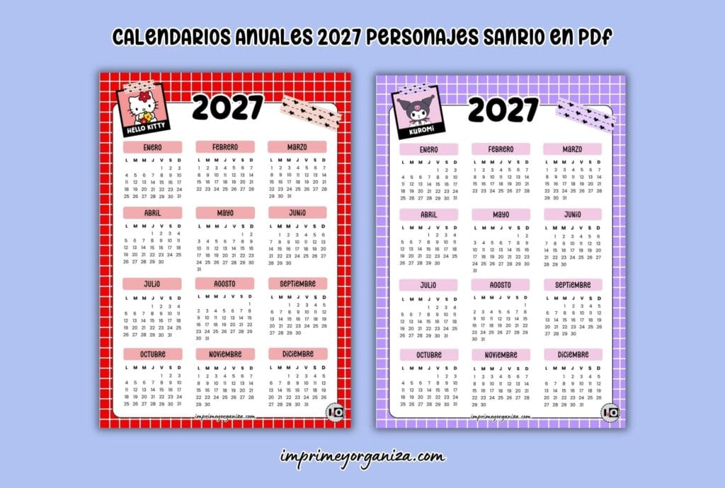 calendarios anuales de personajes Sanrio infantiles 2027 para imprimir en PDF gratis