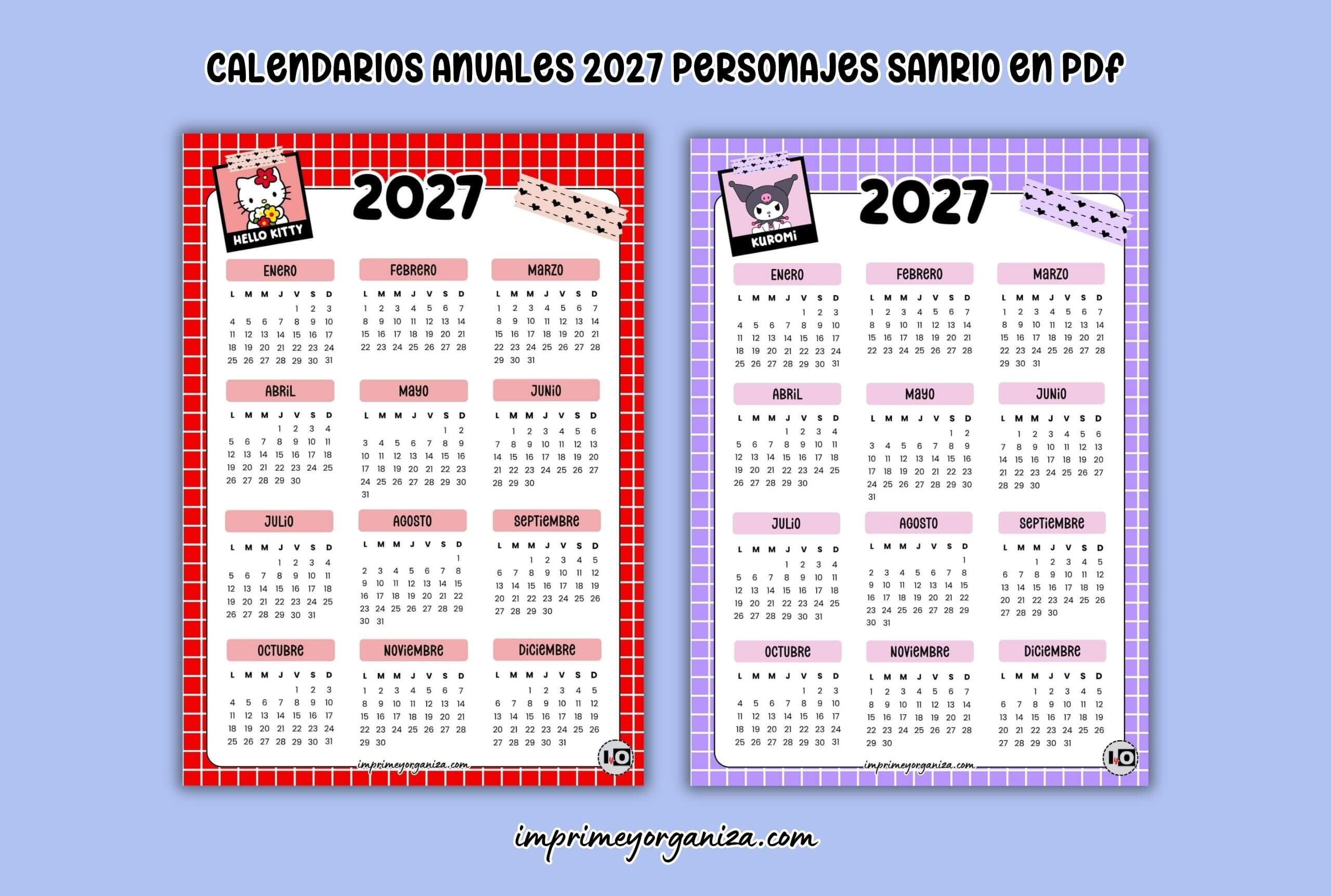 calendarios anuales de personajes Sanrio infantiles 2027 para imprimir en PDF gratis