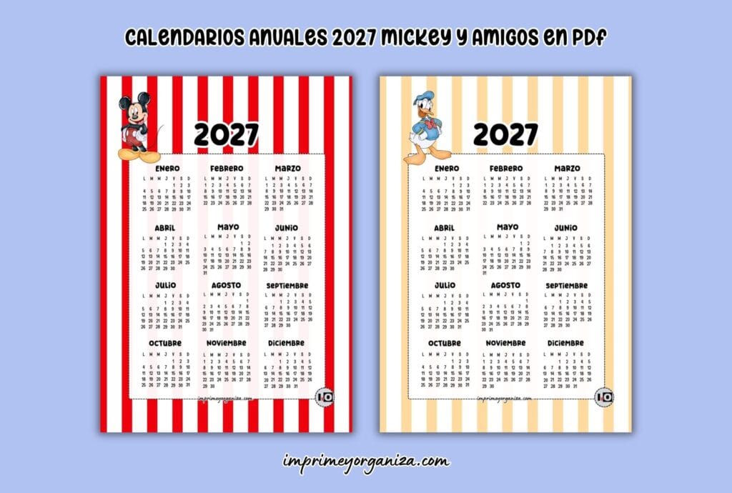calendarios anuales infantiles 2027 de mickey mouse y sus amigos imprimir en PDF gratis