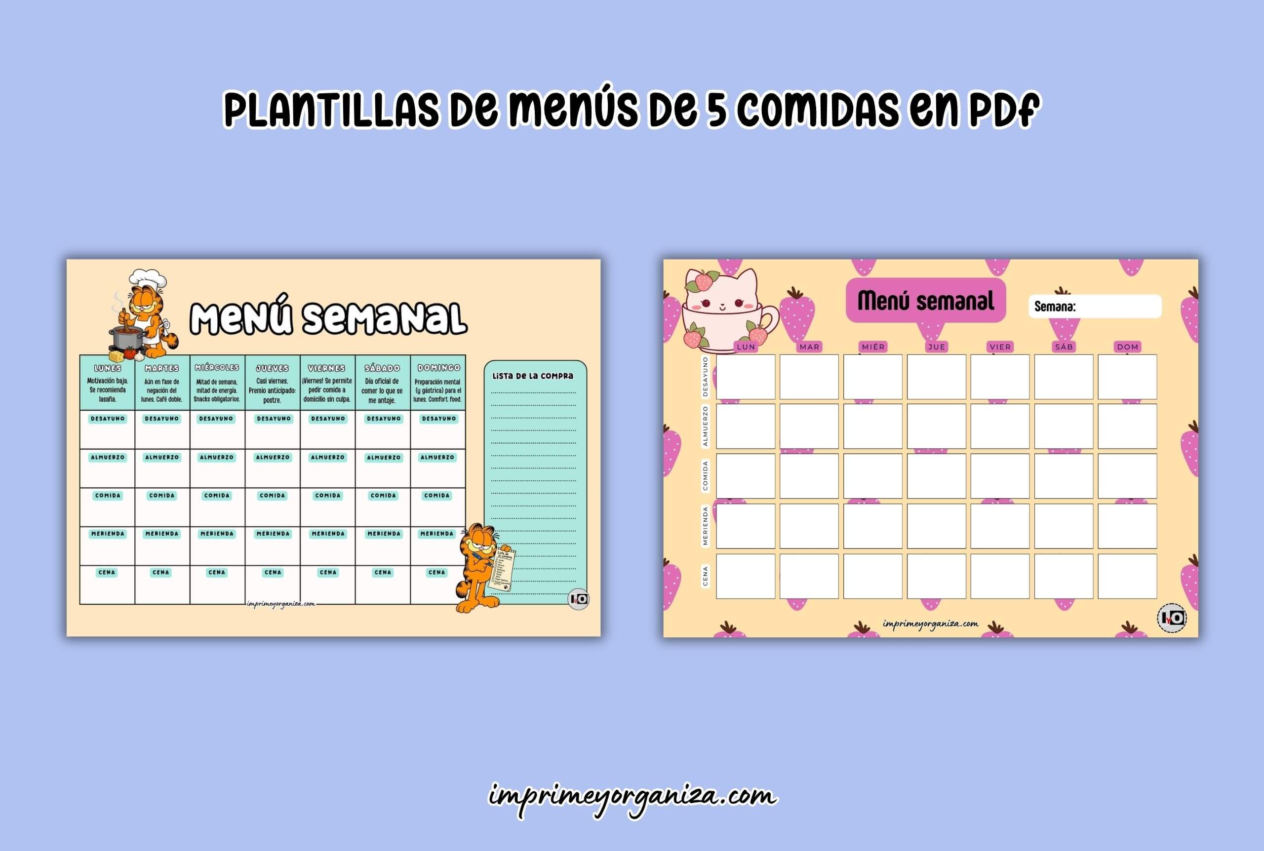 planificadores de menús semanales con 5 comidas para imprimir en PDF gratis