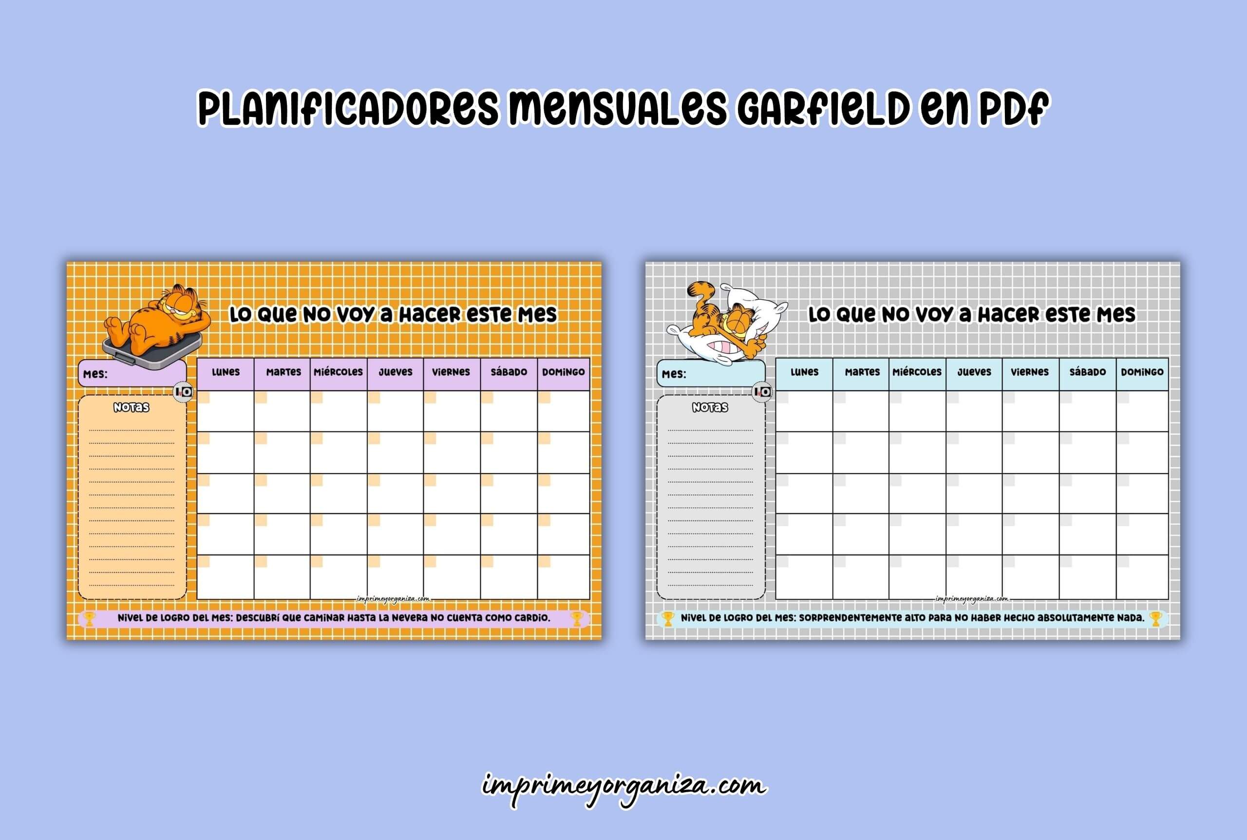 planificadores mensuales pereza garfield para imprimir en PDF gratis