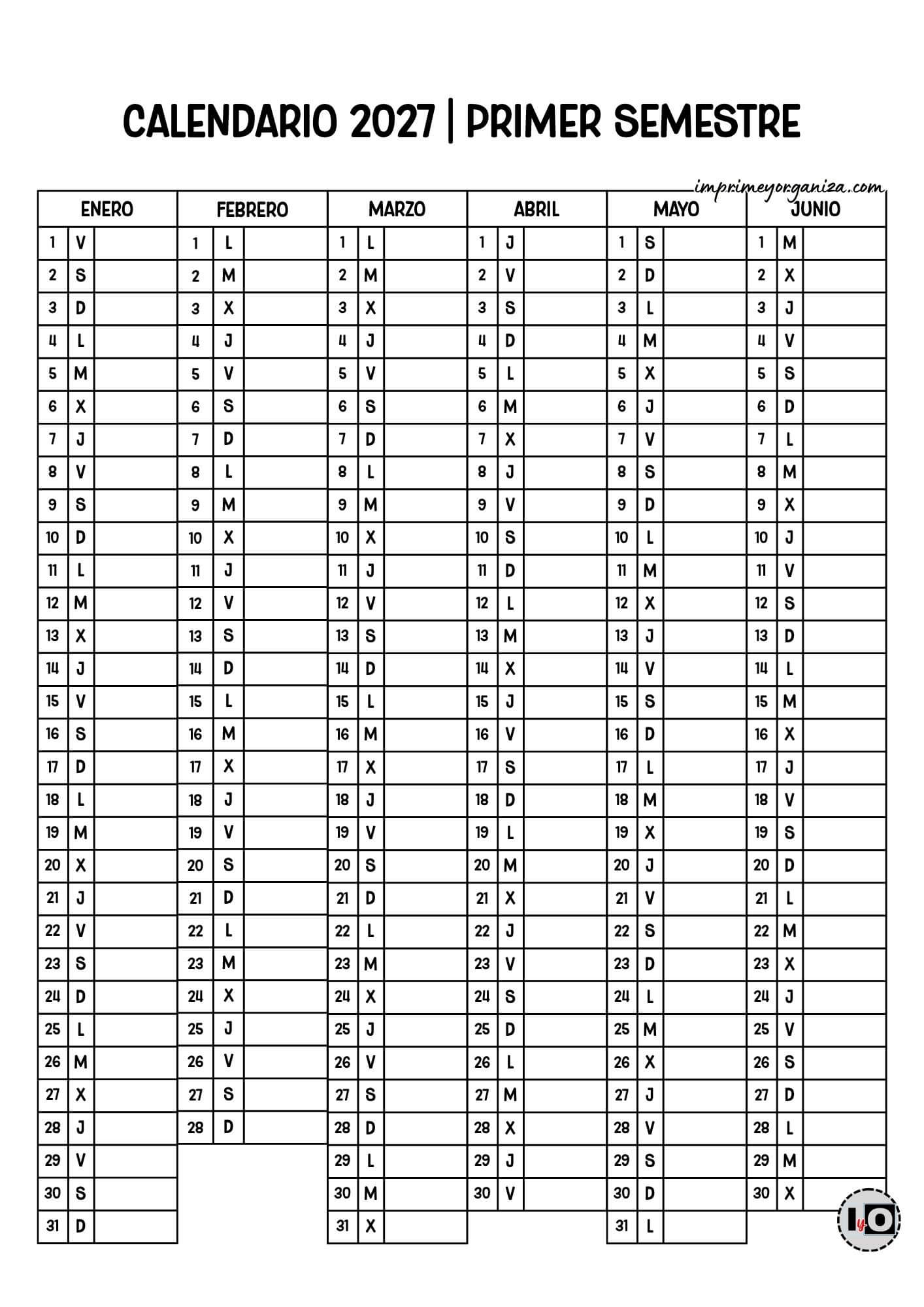 Calendario 2027 Semestral Blanco