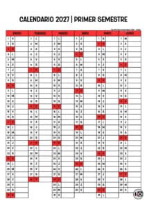 Calendario 2027 Semestral Domingos en Rojo