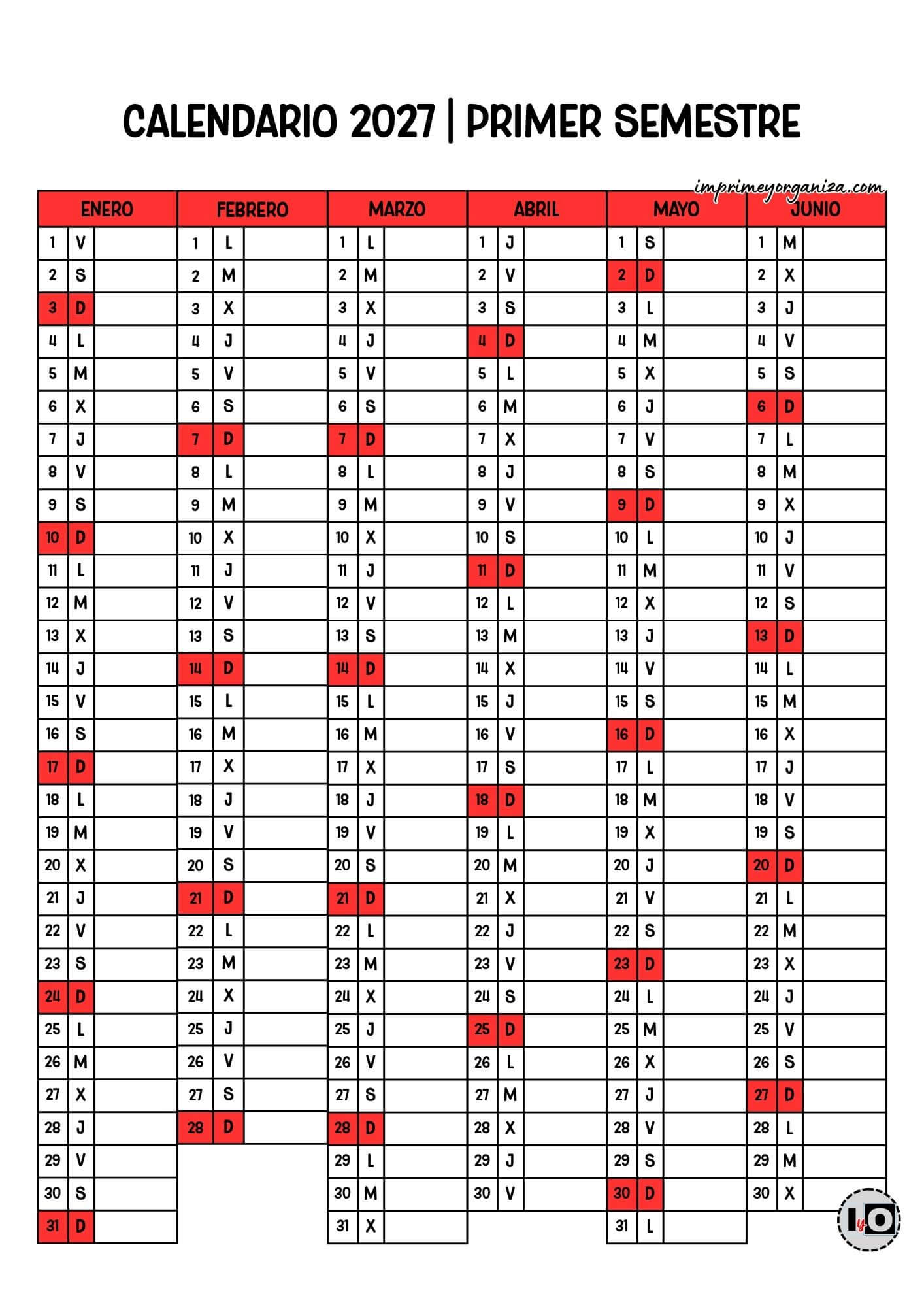 Calendario 2027 Semestral Domingos en Rojo
