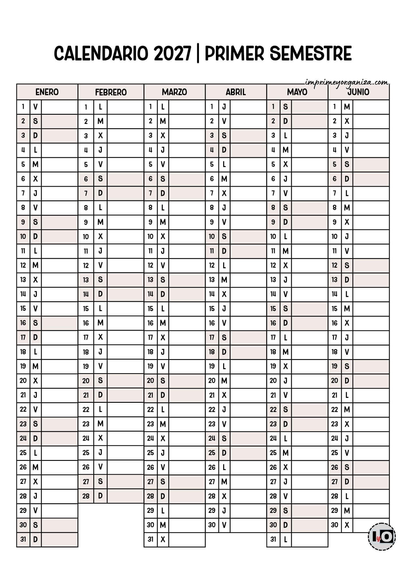 Calendario 2027 Semestral Fines de Semana Sombreados