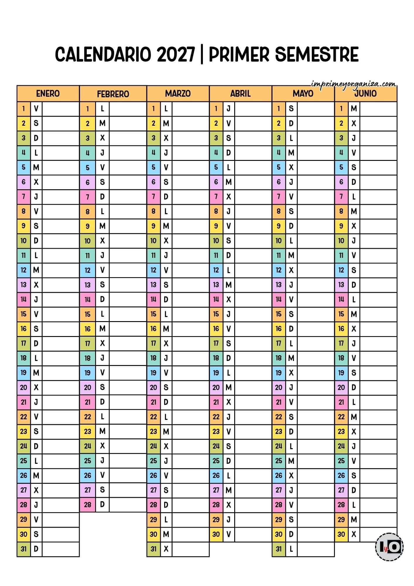 Calendario 2027 Semestral Pastel