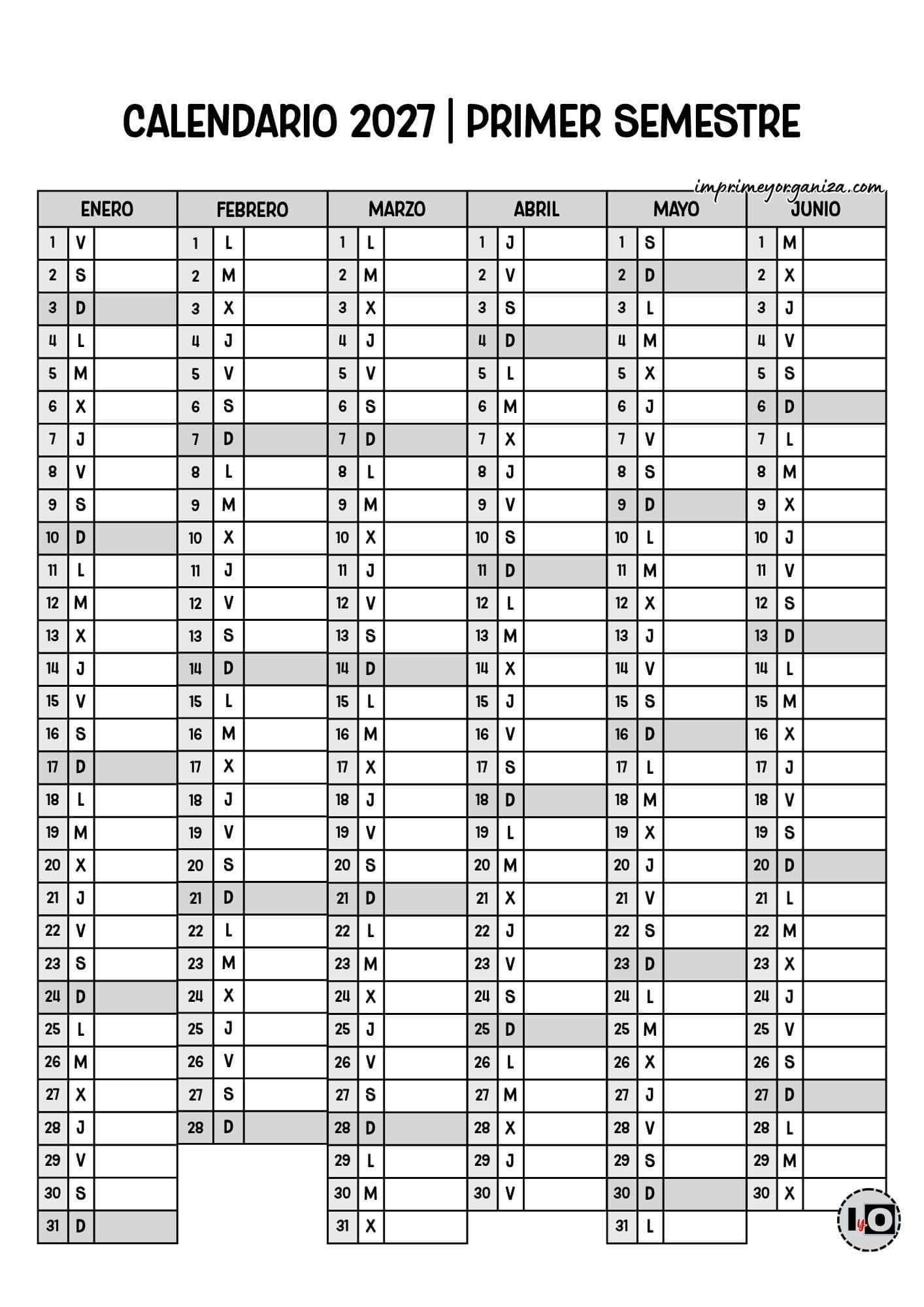 Calendario 2027 Semestral Sombreado Gris