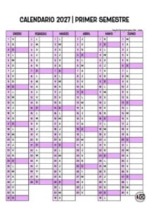 Calendario 2027 Semestral Sombreado Lila
