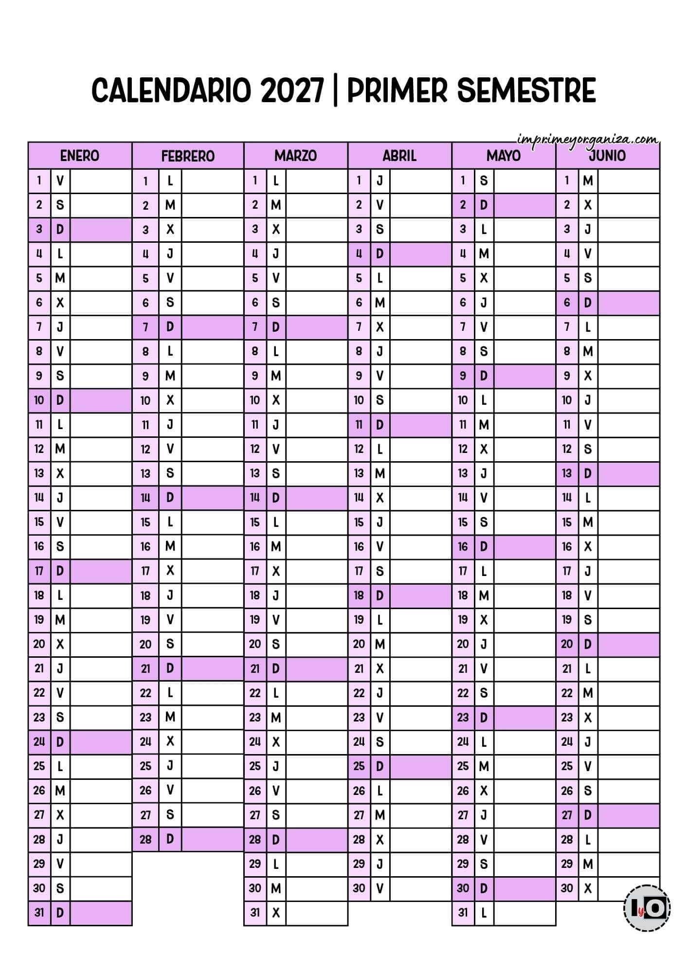 Calendario 2027 Semestral Sombreado Lila