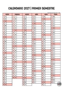 Calendario 2027 Semestral Sombreado Rosa