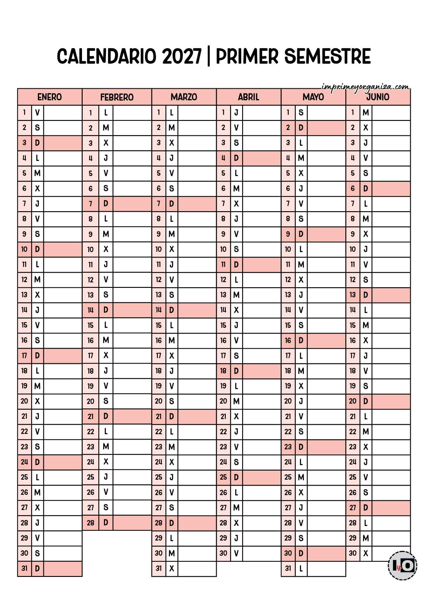 Calendario 2027 Semestral Sombreado Rosa