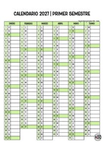 Calendario 2027 Semestral Sombreado Verde