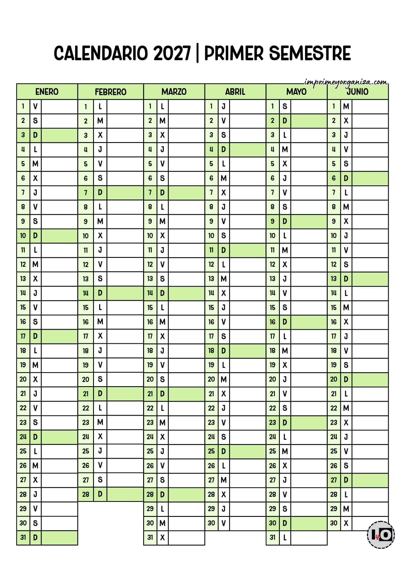Calendario 2027 Semestral Sombreado Verde