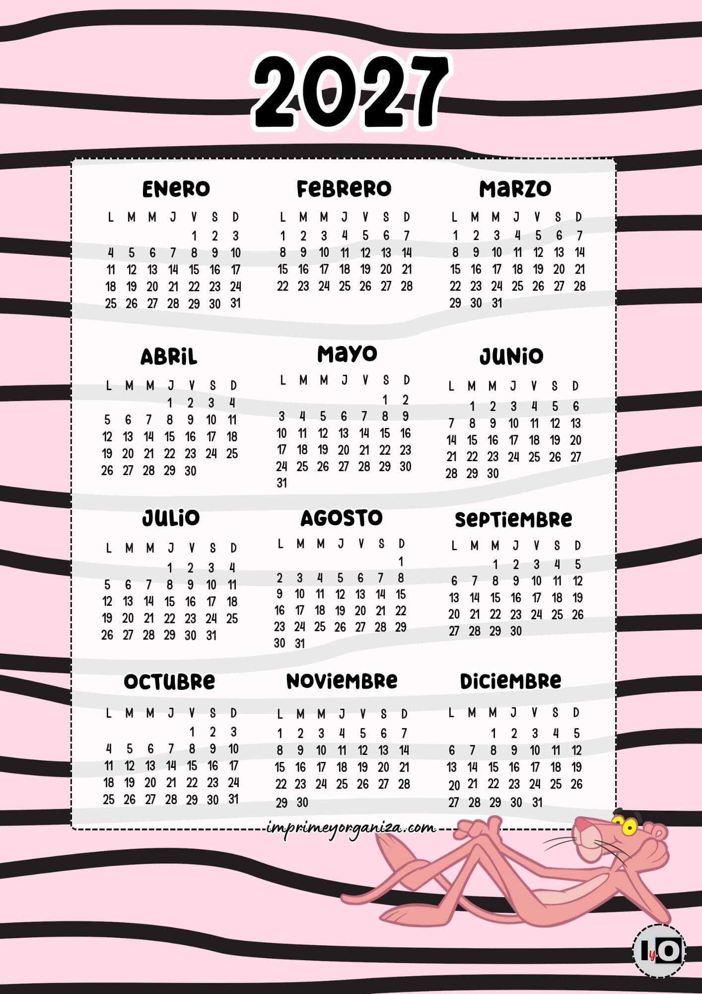 Calendario Anual 2027 Pantera Rosa