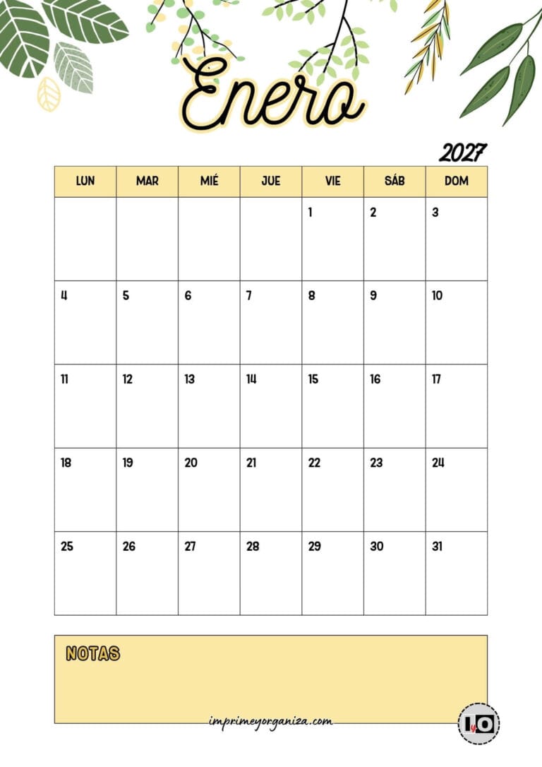 Calendario Mensual 2027 Hojas Amarillo