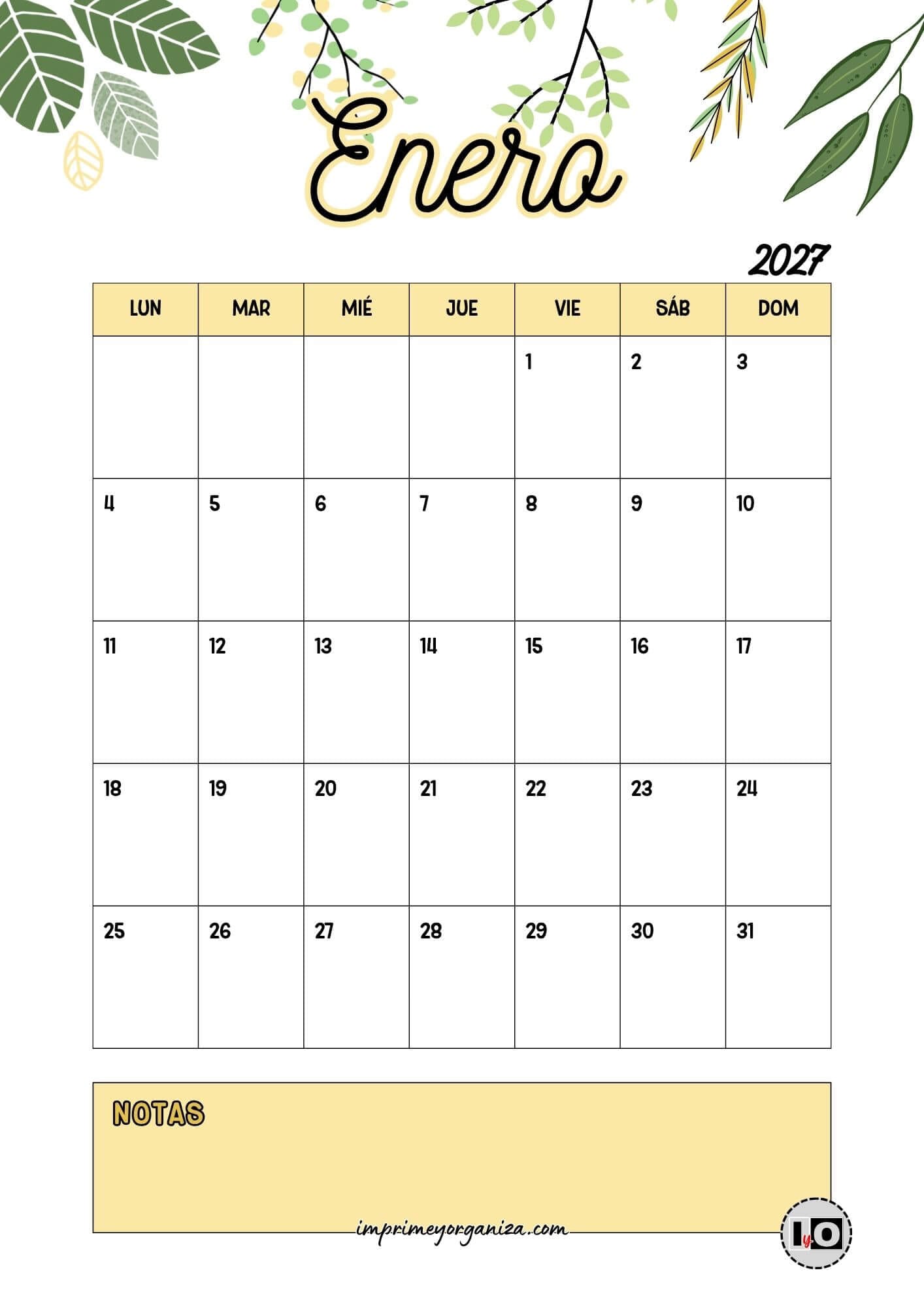 Calendario Mensual 2027 Hojas Amarillo