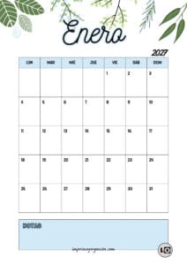 Calendario Mensual 2027 Hojas Azul