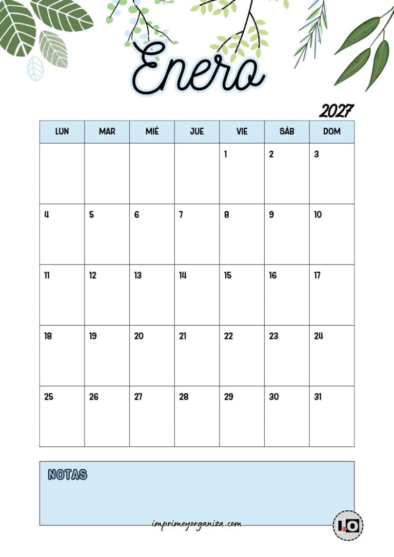 Calendario Mensual 2027 Hojas Azul