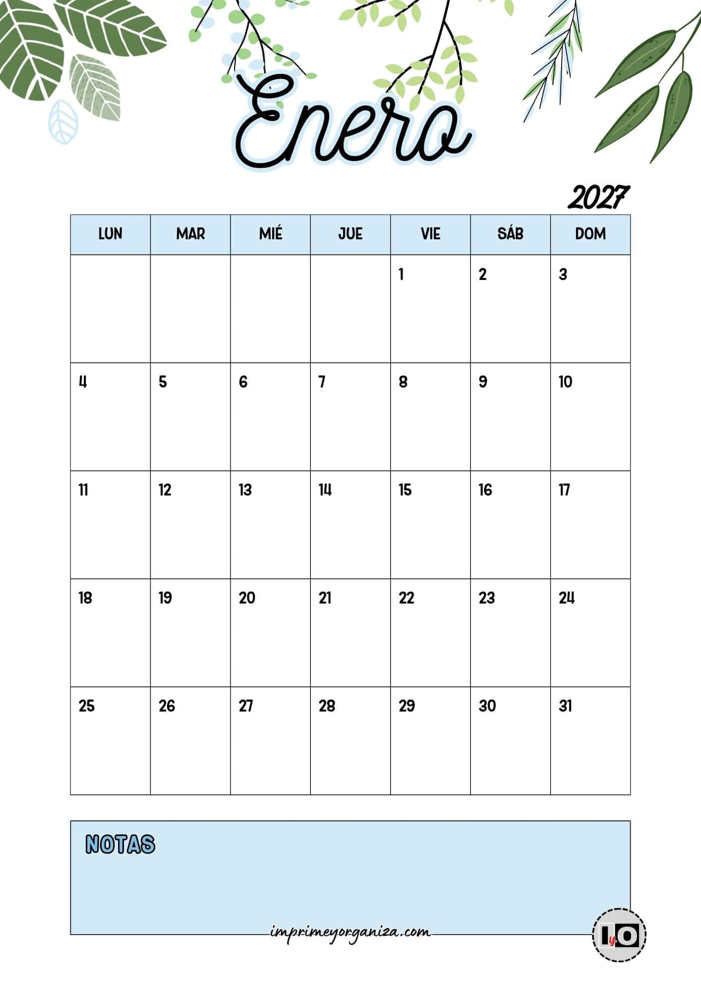Calendario Mensual 2027 Hojas Azul