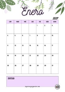 Calendario Mensual 2027 Hojas Lila