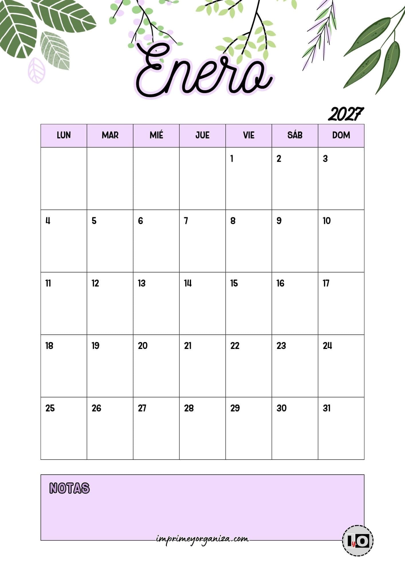 Calendario Mensual 2027 Hojas Lila