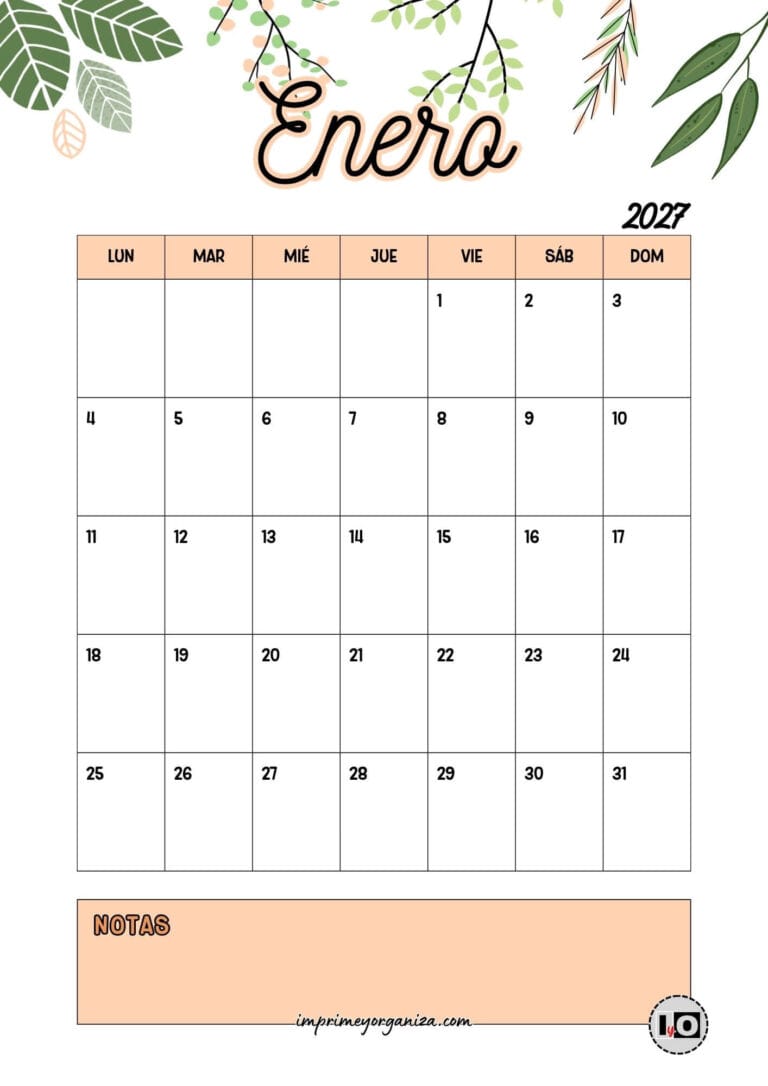 Calendario Mensual 2027 Hojas Naranja