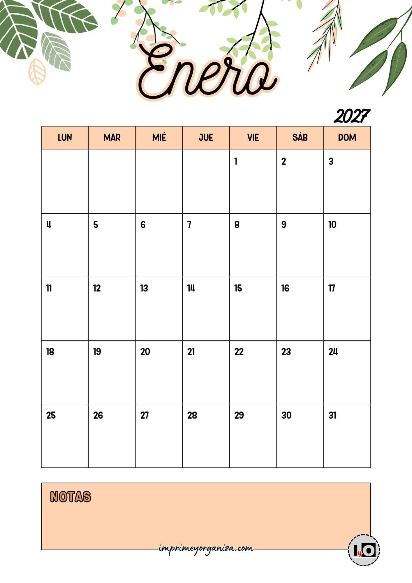 Calendario Mensual 2027 Hojas Naranja