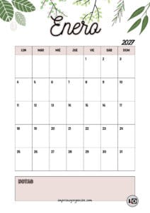 Calendario Mensual 2027 Hojas Nude