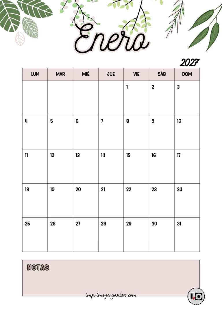 Calendario Mensual 2027 Hojas Nude