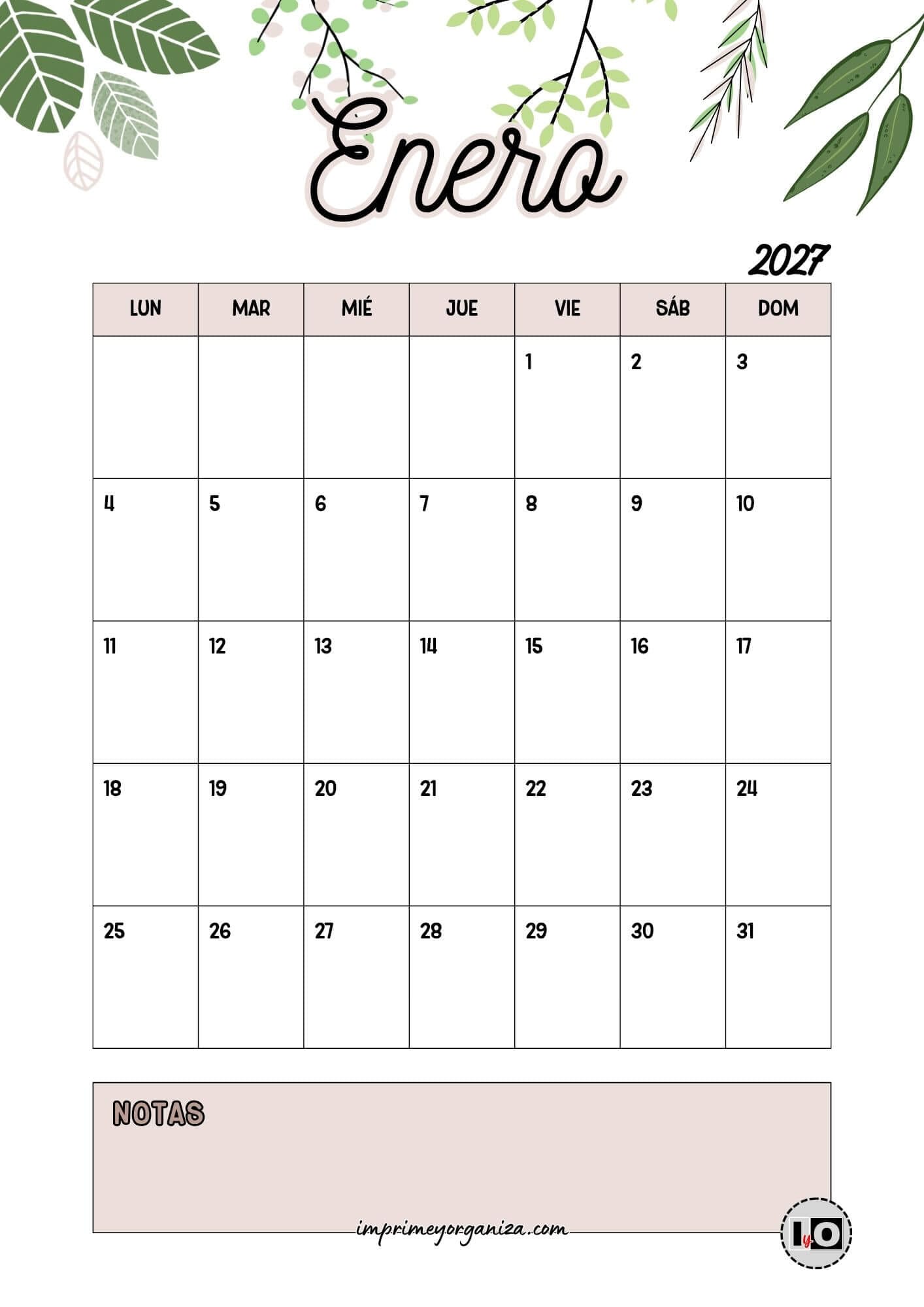 Calendario Mensual 2027 Hojas Nude