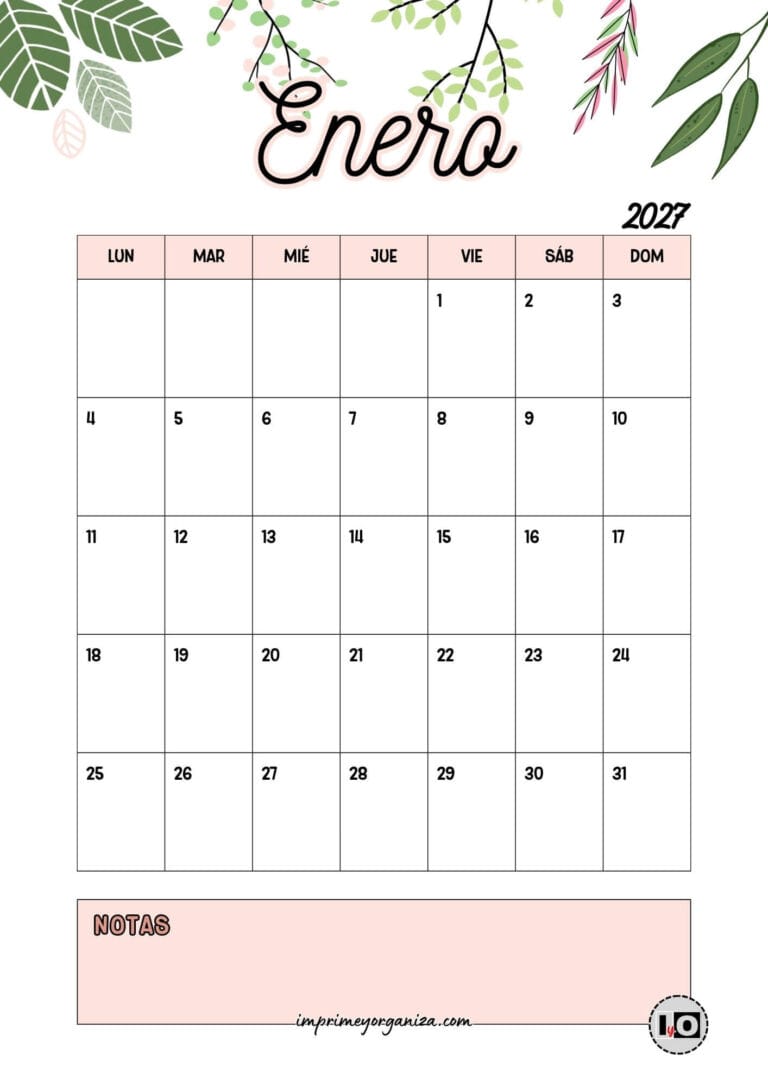 Calendario Mensual 2027 Hojas Rosa