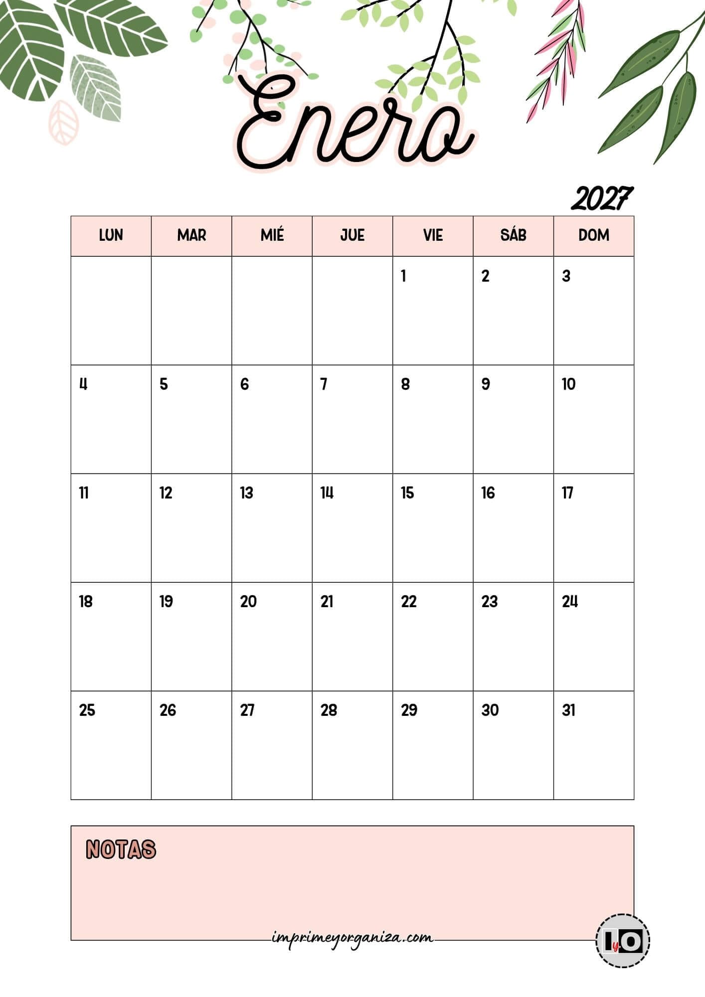 Calendario Mensual 2027 Hojas Rosa