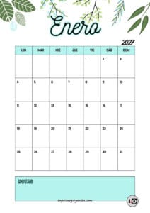 Calendario Mensual 2027 Hojas Turquesa