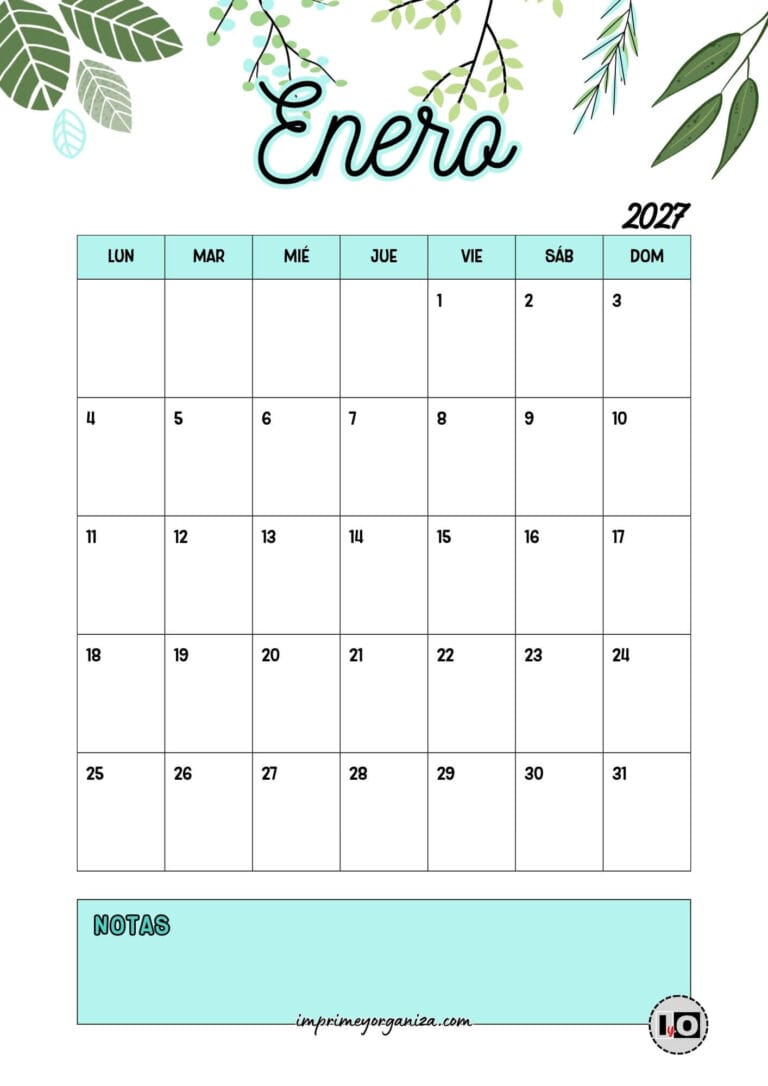 Calendario Mensual 2027 Hojas Turquesa