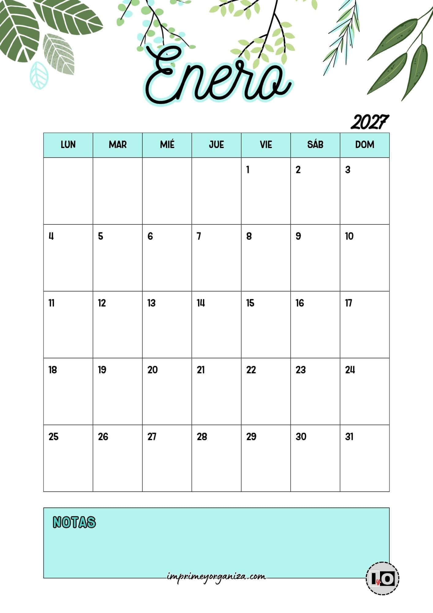 Calendario Mensual 2027 Hojas Turquesa