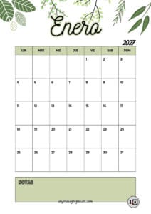 Calendario Mensual 2027 Hojas Verde