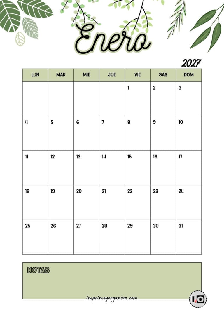 Calendario Mensual 2027 Hojas Verde