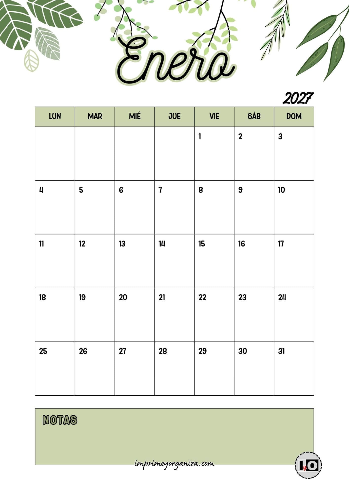 Calendario Mensual 2027 Hojas Verde