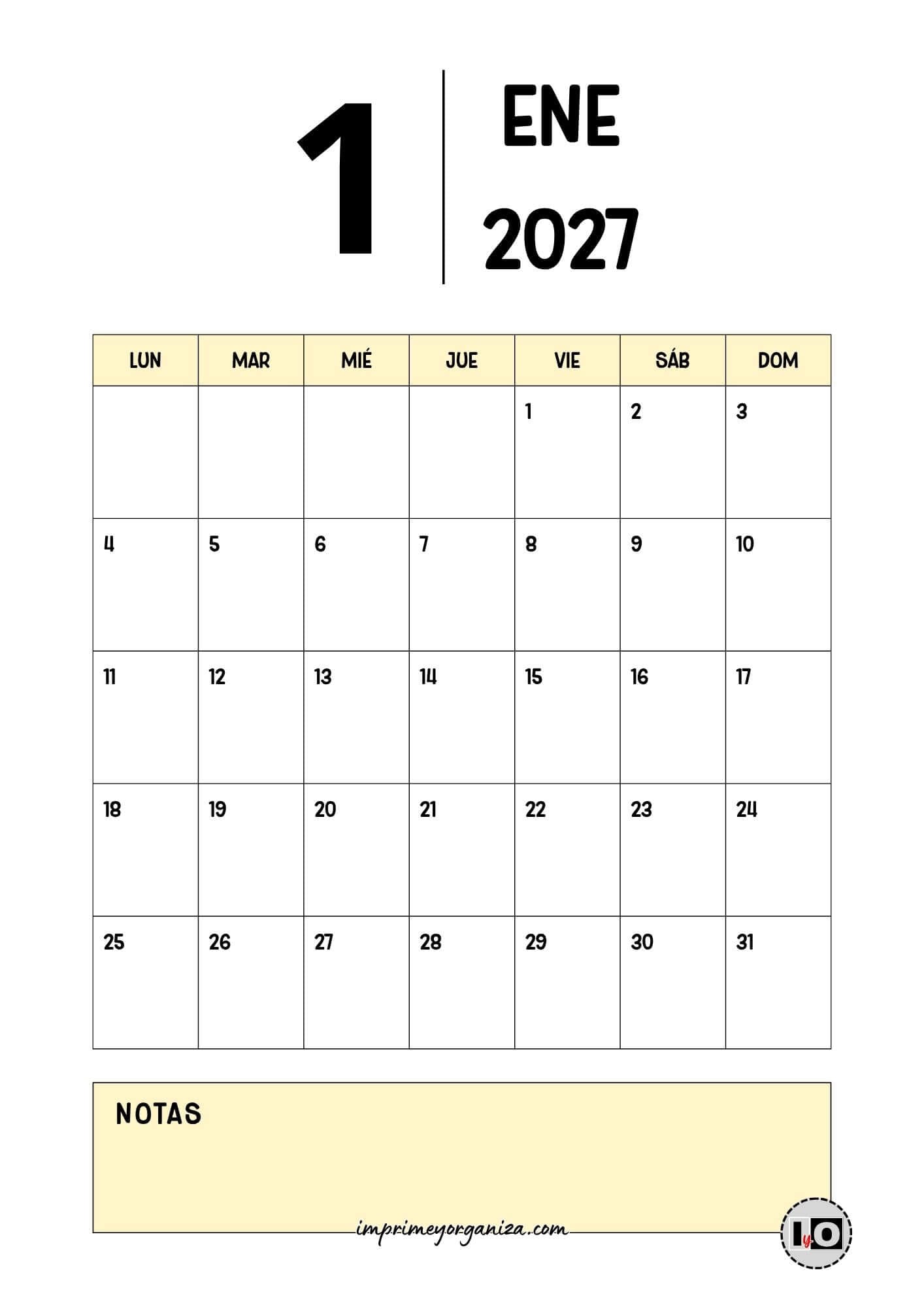 Calendario Mensual 2027 Minimalista Amarillo