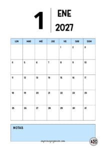 Calendario Mensual 2027 Minimalista Azul
