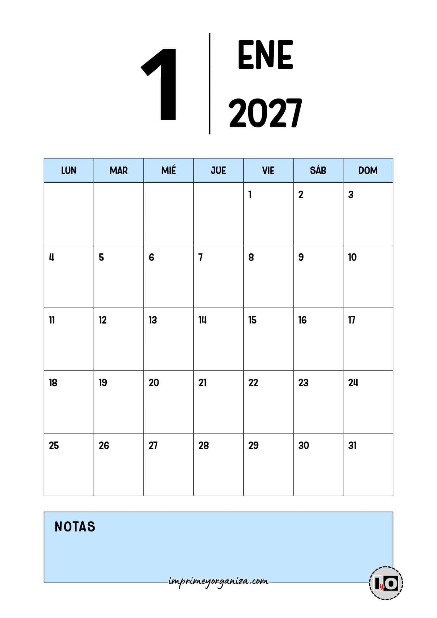 Calendario Mensual 2027 Minimalista Azul
