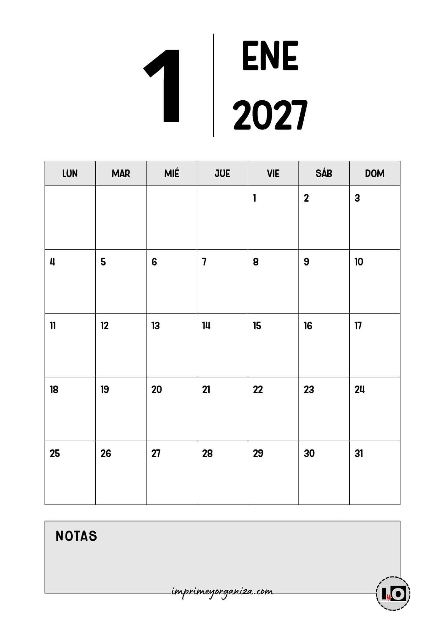 Calendario Mensual 2027 Minimalista Gris
